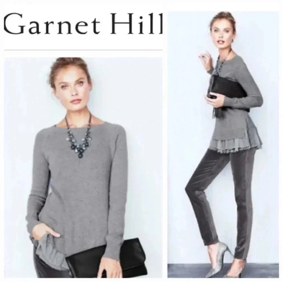 GARNET HILL | Gray Layered Cashmere Embroidered Lace Shirttail Sweater Size XS - Picture 3 of 12